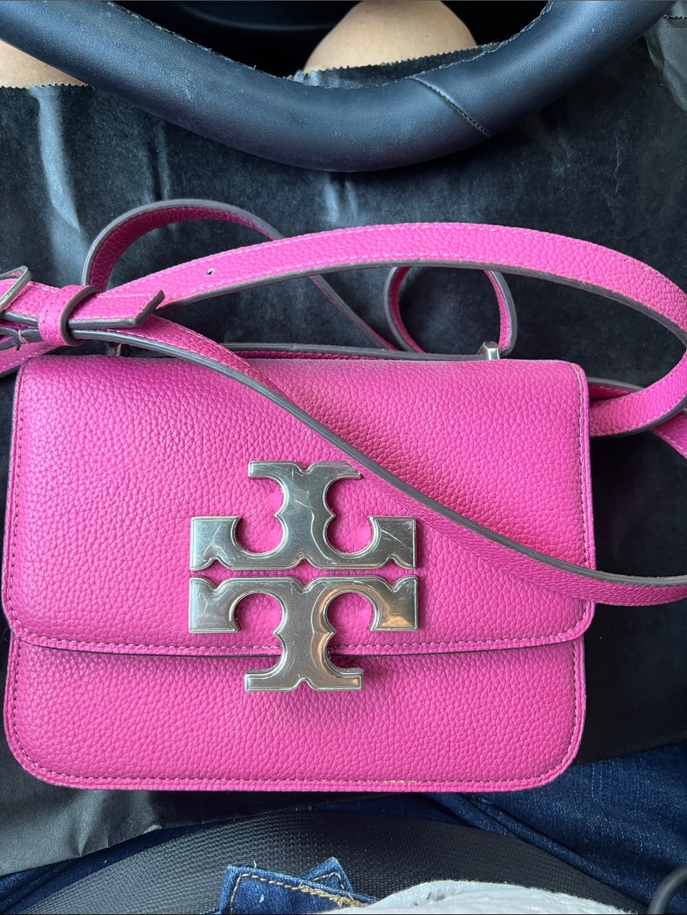 Tory Burch Pink Pebbled Leather Crossbody with Silver Logo